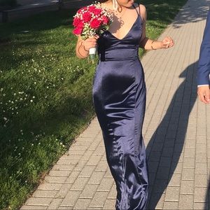 navy silk prom dress
